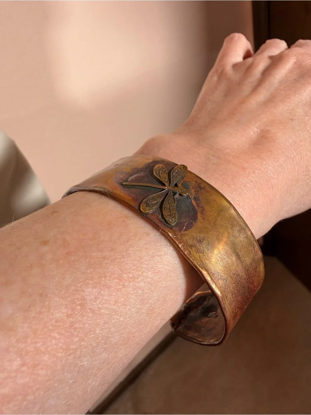 Vintage Boho Heavy Copper Designer Dragonfly Southwestern Wide cuff Bracelet